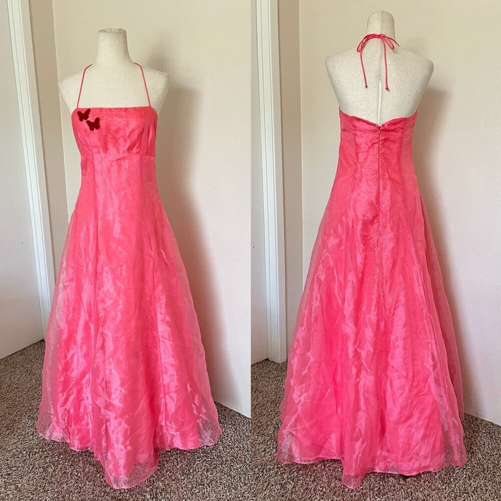 VTG Y2K Pink Glitter Halter Prom Maxi Dress Butterfly Patch Gyaru